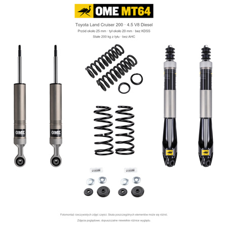 Zestaw OME MT64 – Toyota Land Cruiser 200 2007–2021 4.5 Diesel, przód 25/tył 20 mm, bez KDSS, stałe 200 kg z tyłu; przód mocniejsze; tył standardowe