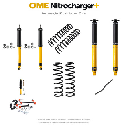 Zestaw zawieszenia OME Nitrocharger+ – Jeep Wrangler JK Unlimited 2.8 Diesel 2006–2017 RHD, 100 mm, średnie obciążenie tyłu, terenowy