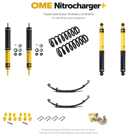 Zestaw zawieszenia OME Nitrocharger+ – Toyota Land Cruiser 76 Diesel od 08.2016, 50 mm, stałe 400 kg tyłu, stalowy zderzak lub zderzak z wyciągarką, resory wielopiórowe, fabryczne wieszaki