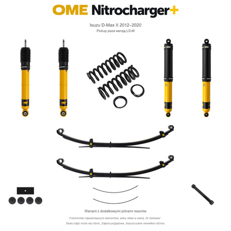 Zestaw zawieszenia OME Nitrocharger+ – Isuzu D-Max II 2012–2020, 30 mm, średnie obciążenie tyłu, standardowe tłumienie przodu, standardowe tłumienie tyłu, pickup poza LS-M, dodatkowe pióra