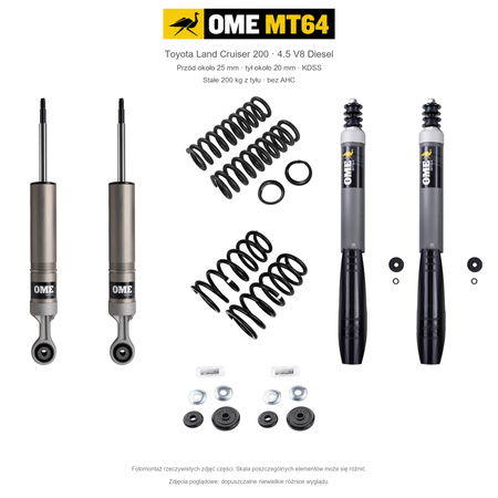 Zestaw OME MT64 – Toyota Land Cruiser 200 2007–2021 4.5 Diesel, przód 25/tył 20 mm, KDSS, stałe 200 kg z tyłu; przód mocniejsze; tył mocniejsze