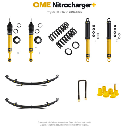 Zestaw zawieszenia OME Nitrocharger+ – Hilux Revo 2016–2025, 40/40 mm, dodatkowe obciążenie przodu, stałe 300 kg z tyłu, wielopiórowe, mocniejsze tłumienie przodu, mocniejsze tłumienie tyłu