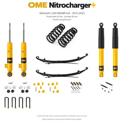 Zestaw OME Nitrocharger+ – Mitsubishi L200 MQ/MR 2015–2023, przód 25/tył 20 mm, stalowy zderzak z wyciągarką, średnie obciążenie tyłu