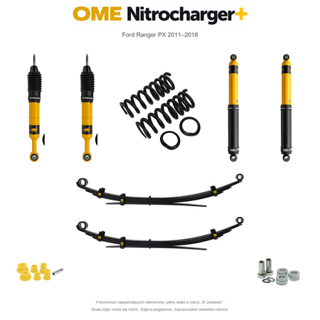 Zestaw zawieszenia OME Nitrocharger+ – Ford Ranger PX 2011–2018, 30/40 mm, średnie obciążenie tyłu, standardowe tłumienie przodu, mocniejsze tłumienie tyłu