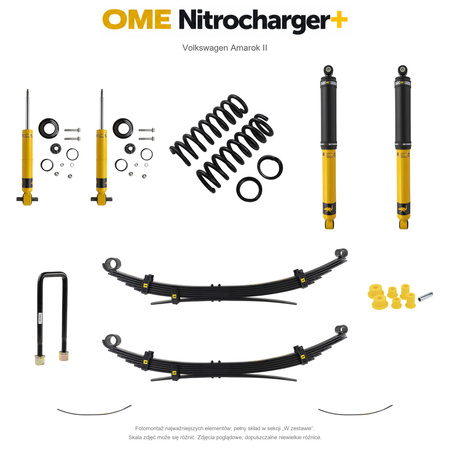 Zestaw zawieszenia OME Nitrocharger+ – Volkswagen Amarok II, 20/40 mm, duże stałe obciążenie tyłu, dodatkowe pióra, resory wielopiórowe, mocniejsze tłumienie przodu, czujnik świateł