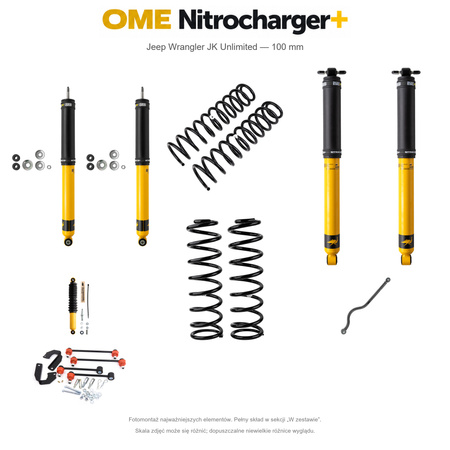 Zestaw zawieszenia OME Nitrocharger+ – Jeep Wrangler JK Unlimited 2.8 Diesel 2009–2017 LHD, 100 mm, średnie obciążenie tyłu, terenowy