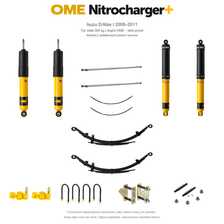 Zestaw zawieszenia OME Nitrocharger+ – Isuzu D-Max I 2008–2011, 30–50 mm, stałe 300 kg z tyłu, lekki przód z drążkami OME, smarowalne wieszaki i sworznie, dodatkowe pióra