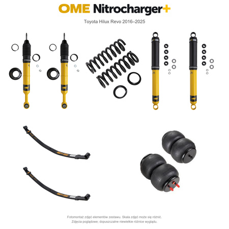 Zestaw zawieszenia OME Nitrocharger+ – Hilux Revo 2016–2025, 20–40/40 mm, różne obciążenia przodu, stałe 300 kg z tyłu, paraboliczne + poduszki, mocniejsze tłumienie tyłu – bez dystansu przewodów hamulcowych