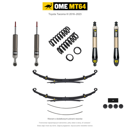 Zestaw zawieszenia OME MT64 – Toyota Tacoma III 2016–2023, przód 50 mm, tył z dodatkowymi piórami, przód 50–100 kg, stałe 300 kg z tyłu