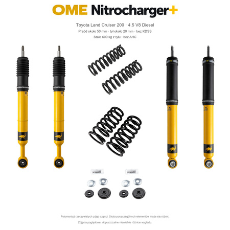 Zestaw OME Nitrocharger+ – Toyota Land Cruiser 200 2007–2021 4.5 Diesel, przód 50/tył 20 mm, bez KDSS, stałe 600 kg z tyłu; przód standardowe