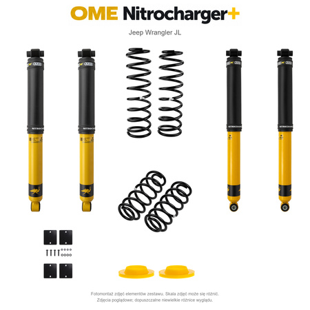 Zestaw zawieszenia OME Nitrocharger+ – Jeep Wrangler JL 4-drzwiowy 3.6 V6, 50 mm, pod sam zderzak, stałe 150 kg z tyłu, mocniejsze tłumienie przodu