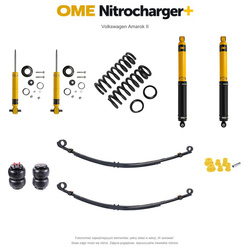 Zestaw zawieszenia OME Nitrocharger+ – Volkswagen Amarok II, 40/40 mm, stałe 300 kg z tyłu, resory paraboliczne z poduszkami, mocniejsze tłumienie przodu, czujnik świateł