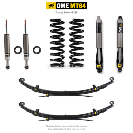 Zawieszenie OME MT64 Toyota Hilux Travo MY26 40/50 mm – stałe 300 kg z tyłu, zderzak, wyciągarka i dodatkowy osprzęt, wielopiórowe / mocniejsze tłumienie przodu