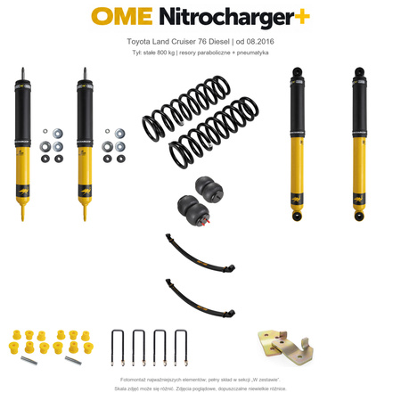 Zestaw zawieszenia OME Nitrocharger+ – Toyota Land Cruiser 76 Diesel od 08.2016, 50 mm, stałe 800 kg tyłu, bez ciężkiego wyposażenia przodu, resory paraboliczne, fabryczne wieszaki, standardowe tłumienie tyłu