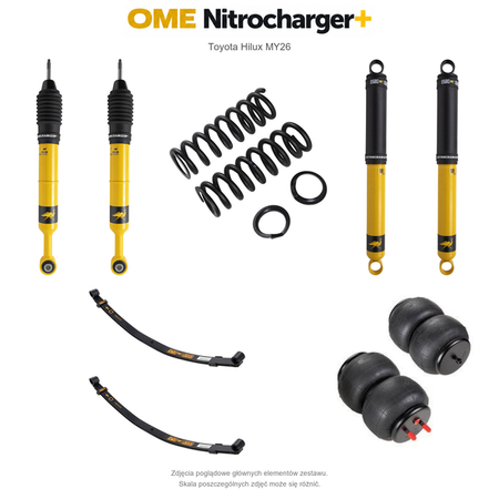 Zawieszenie OME Nitrocharger+ Toyota Hilux Travo MY26 20–40/50 mm – stałe 300 kg z tyłu, paraboliczne + poduszki / mocniejsze tłumienie przodu – bez dystansu przewodów hamulcowych