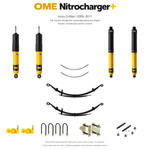Zestaw zawieszenia OME Nitrocharger+ – Isuzu D-Max I 2008–2011, 30–50 mm, średnie obciążenie tyłu, fabryczne drążki przodu, smarowalne wieszaki i sworznie, dodatkowe pióra
