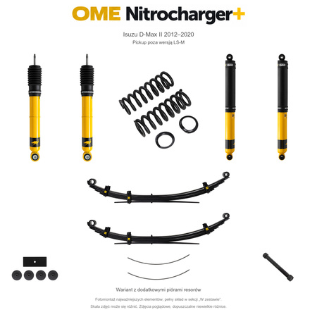 Zestaw zawieszenia OME Nitrocharger+ – Isuzu D-Max II 2012–2020, 30 mm, stałe 600 kg z tyłu, mocniejsze tłumienie przodu, mocniejsze tłumienie tyłu, pickup poza LS-M, dodatkowe pióra