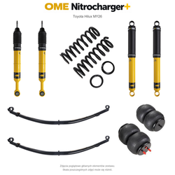 Zawieszenie OME Nitrocharger+ Toyota Hilux Travo MY26 40/50 mm – stałe 600 kg z tyłu, stalowy zderzak, także z wyciągarką, paraboliczne + poduszki