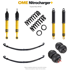 Zawieszenie OME Nitrocharger+ Toyota Hilux Travo MY26 40/50 mm – stałe 600 kg z tyłu, stalowy zderzak, także z wyciągarką, paraboliczne + poduszki / mocniejsze tłumienie przodu