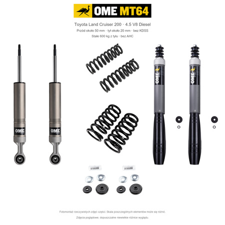 Zestaw OME MT64 – Toyota Land Cruiser 200 2007–2021 4.5 Diesel, przód 50/tył 20 mm, bez KDSS, stałe 600 kg z tyłu; przód mocniejsze; tył mocniejsze