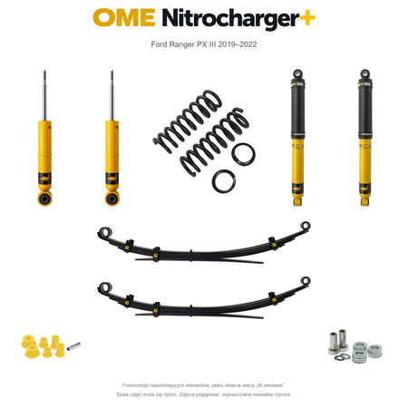 Zestaw zawieszenia OME Nitrocharger+ – Ford Ranger PX III 2019–2022, 45/40 mm, średnie obciążenie tyłu, standardowe tłumienie przodu, standardowe tłumienie tyłu