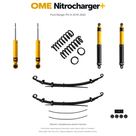 Zestaw zawieszenia OME Nitrocharger+ – Ford Ranger PX III 2019–2022, przód 45 mm, tył z dodatkowymi piórami, średnie obciążenie tyłu, mocniejsze tłumienie przodu, mocniejsze tłumienie tyłu