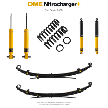 Zestaw zawieszenia OME Nitrocharger+ – Ford Ranger 2022+, lift 40 mm, stałe 300 kg z tyłu, resory wielopiórowe, alternatywne amortyzatory przednie