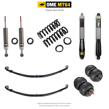 Zawieszenie OME MT64 Toyota Hilux Travo MY26 40/50 mm – stałe 300 kg z tyłu, przód bez osprzętu lub ze zderzakiem, paraboliczne + poduszki / mocniejsze tłumienie przodu / mocniejsze tłumienie tyłu – bez dystansu przewodów hamulcowych