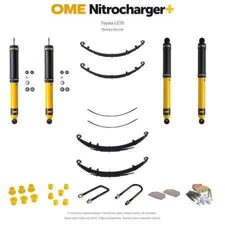 Zestaw zawieszenia OME Nitrocharger+ – Toyota Land Cruiser 75, diesel, zderzak lub zderzak z wyciągarką, stałe 600 kg tyłu, fabryczne wieszaki przodu, smarowalny tył, osadzenie 50 mm, dodatkowe pióra tyłu