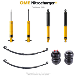 Zestaw zawieszenia OME Nitrocharger+ – Ford Ranger 2022+, lift 0/40 mm, stałe 300 kg z tyłu, resory paraboliczne z poduszkami, mocniejsze tłumienie tyłu
