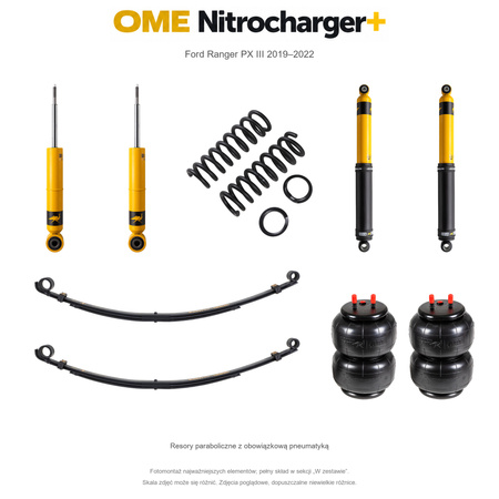 Zestaw zawieszenia OME Nitrocharger+ – Ford Ranger PX III 2019–2022, 45/40 mm, średnie obciążenie tyłu, standardowe tłumienie przodu, mocniejsze tłumienie tyłu, resory paraboliczne