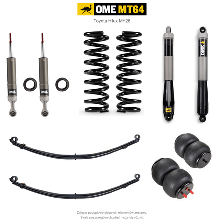 Zawieszenie OME MT64 Toyota Hilux Travo MY26 40/50 mm – stałe 600 kg z tyłu, zderzak, wyciągarka i dodatkowy osprzęt, paraboliczne + poduszki / mocniejsze tłumienie przodu