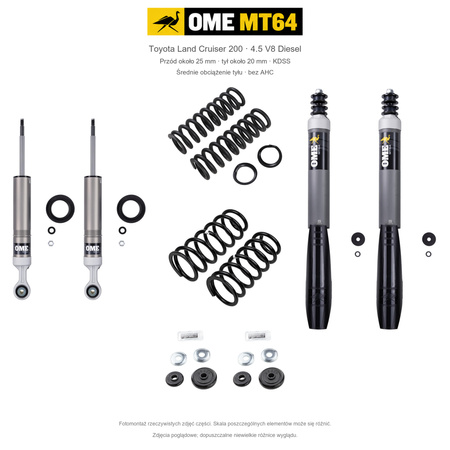 Zestaw OME MT64 – Toyota Land Cruiser 200 2007–2021 4.5 Diesel, przód 25/tył 20 mm, KDSS, średnie obciążenie tyłu; przód standardowe; tył mocniejsze