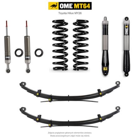 Zawieszenie OME MT64 Toyota Hilux Travo MY26 40/50 mm – stałe 300 kg z tyłu, zderzak, wyciągarka i dodatkowy osprzęt, wielopiórowe / mocniejsze tłumienie przodu / mocniejsze tłumienie tyłu – bez dystansu przewodów hamulcowych