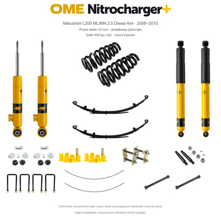 Zestaw OME Nitrocharger+ – Mitsubishi L200 ML/MN 2006–2015 2.5 Diesel, przód 10 mm, tył z dodatkowym piórem, stalowy zderzak, bazowe resory: stałe 500 kg z tyłu