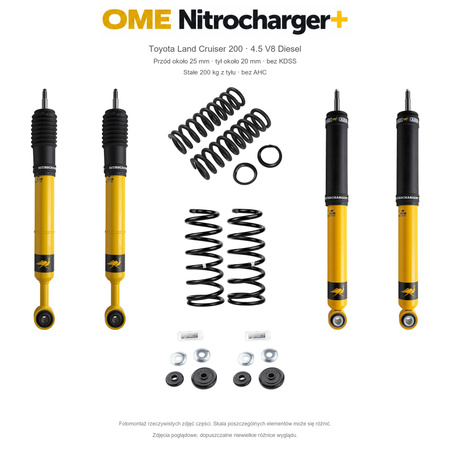 Zestaw OME Nitrocharger+ – Toyota Land Cruiser 200 2007–2021 4.5 Diesel, przód 25/tył 20 mm, bez KDSS, stałe 200 kg z tyłu; przód mocniejsze