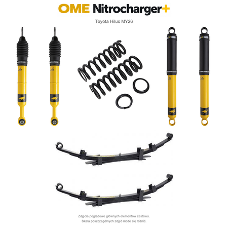 Zawieszenie OME Nitrocharger+ Toyota Hilux Travo MY26 20–40/50 mm – stałe 600 kg z tyłu, wielopiórowe / mocniejsze tłumienie przodu – bez dystansu przewodów hamulcowych