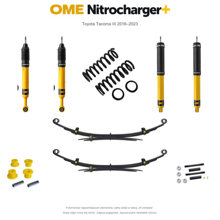 Zestaw zawieszenia OME Nitrocharger+ – Toyota Tacoma III 2016–2023, 50 mm, przód od 100 kg, bez stałego obciążenia tyłu