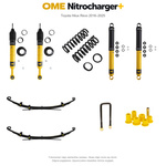 Zestaw zawieszenia OME Nitrocharger+ – Hilux Revo 2016–2025, 40/40 mm, dodatkowe obciążenie przodu, średnie obciążenie tyłu, wielopiórowe, mocniejsze tłumienie przodu – bez dystansu przewodów hamulcowych