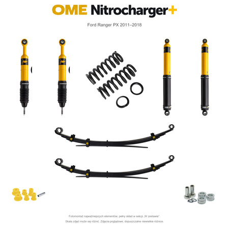 Zestaw zawieszenia OME Nitrocharger+ – Ford Ranger PX 2011–2018, 50/40 mm, średnie obciążenie tyłu, mocniejsze tłumienie przodu, mocniejsze tłumienie tyłu