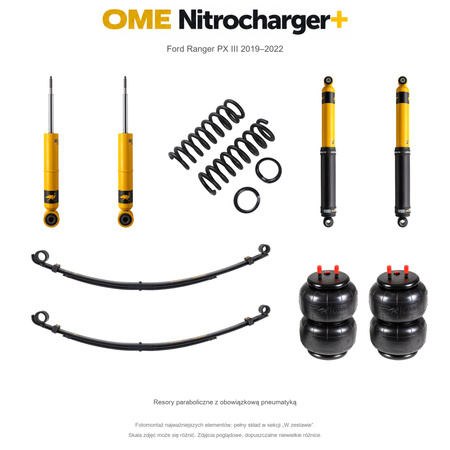 Zestaw zawieszenia OME Nitrocharger+ – Ford Ranger PX III 2019–2022, 45/40 mm, średnie obciążenie tyłu, mocniejsze tłumienie przodu, mocniejsze tłumienie tyłu, resory paraboliczne