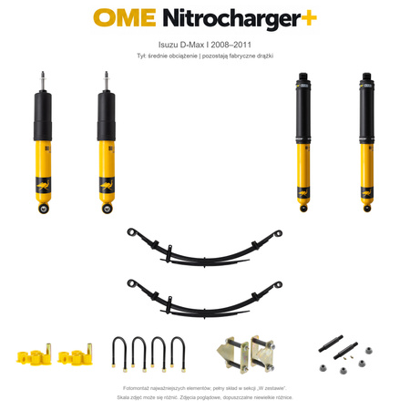 Zestaw zawieszenia OME Nitrocharger+ – Isuzu D-Max I 2008–2011, 30–50 mm, średnie obciążenie tyłu, fabryczne drążki przodu, smarowalne wieszaki i sworznie