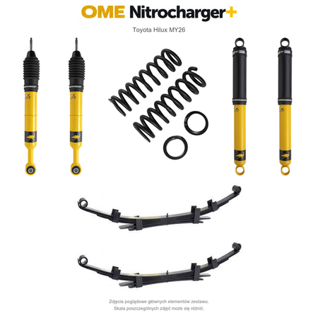 Zawieszenie OME Nitrocharger+ Toyota Hilux Travo MY26 40/50 mm – stałe 600 kg z tyłu, stalowy zderzak, także z wyciągarką, wielopiórowe / mocniejsze tłumienie przodu – bez dystansu przewodów hamulcowych