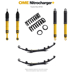 Zawieszenie OME Nitrocharger+ Toyota Hilux Travo MY26 20–40/50 mm – stałe 600 kg z tyłu, wielopiórowe – bez dystansu przewodów hamulcowych