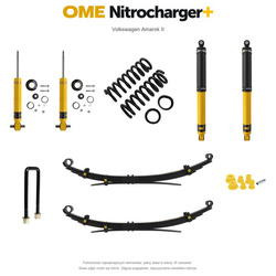 Zestaw zawieszenia OME Nitrocharger+ – Volkswagen Amarok II, 20/40 mm, stałe 300 kg z tyłu, resory wielopiórowe, standardowe tłumienie przodu, mocniejsze tłumienie tyłu, czujnik świateł