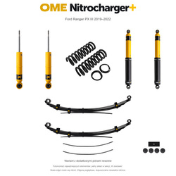 Zestaw zawieszenia OME Nitrocharger+ – Ford Ranger PX III 2019–2022, przód 30 mm, tył z dodatkowymi piórami, stałe 300 kg z tyłu, standardowe tłumienie przodu, standardowe tłumienie tyłu