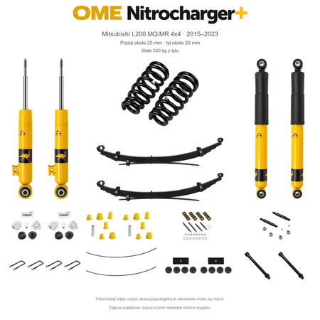 Zestaw OME Nitrocharger+ – Mitsubishi L200 MQ/MR 2015–2023, przód 25/tył 20 mm, stalowy zderzak, stałe 500 kg z tyłu