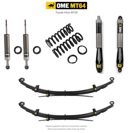 Zawieszenie OME MT64 Toyota Hilux Travo MY26 40/50 mm – stałe 300 kg z tyłu, przód bez osprzętu lub ze zderzakiem, wielopiórowe / mocniejsze tłumienie przodu – bez dystansu przewodów hamulcowych