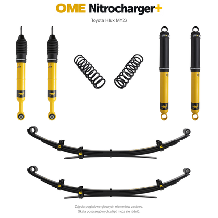 Zawieszenie OME Nitrocharger+ Toyota Hilux Travo MY26 20/50 mm – średnie obciążenie tyłu, bez osprzętu lub lekki zderzak, wielopiórowe / mocniejsze tłumienie przodu