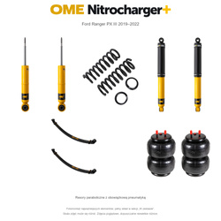 Zestaw zawieszenia OME Nitrocharger+ – Ford Ranger PX III 2019–2022, 45/40 mm, stałe 300 kg z tyłu, mocniejsze tłumienie przodu, mocniejsze tłumienie tyłu, resory paraboliczne